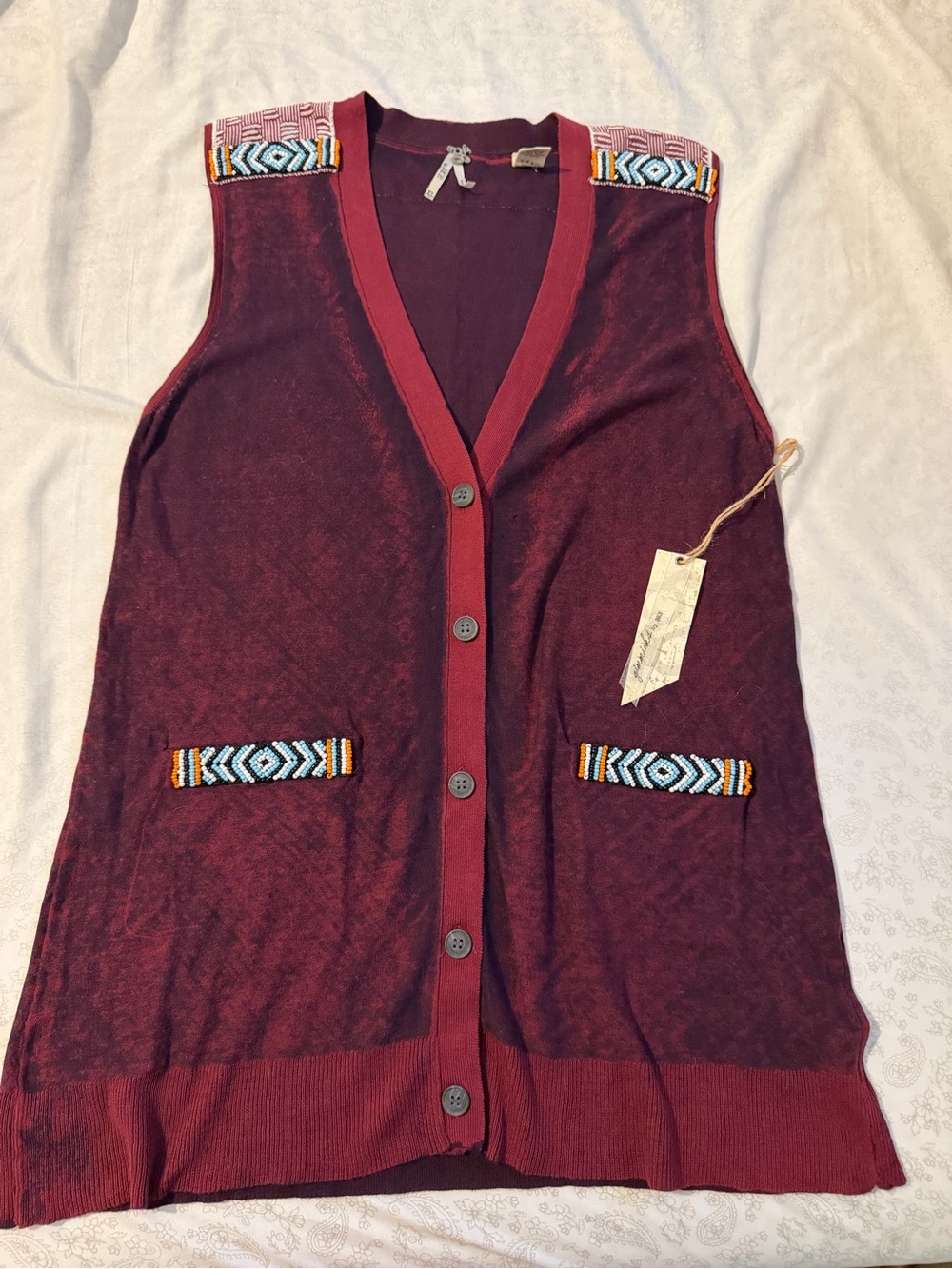 Buckle Burgundy Beaded-Trim Sleeveless Cardigan